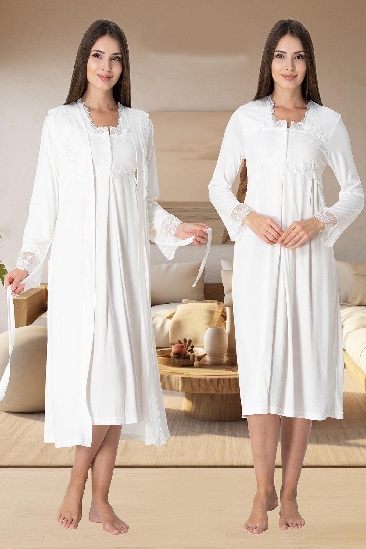 Effortt 2402 Ekru Sabahlıklı Lohusa Gecelik Takımı