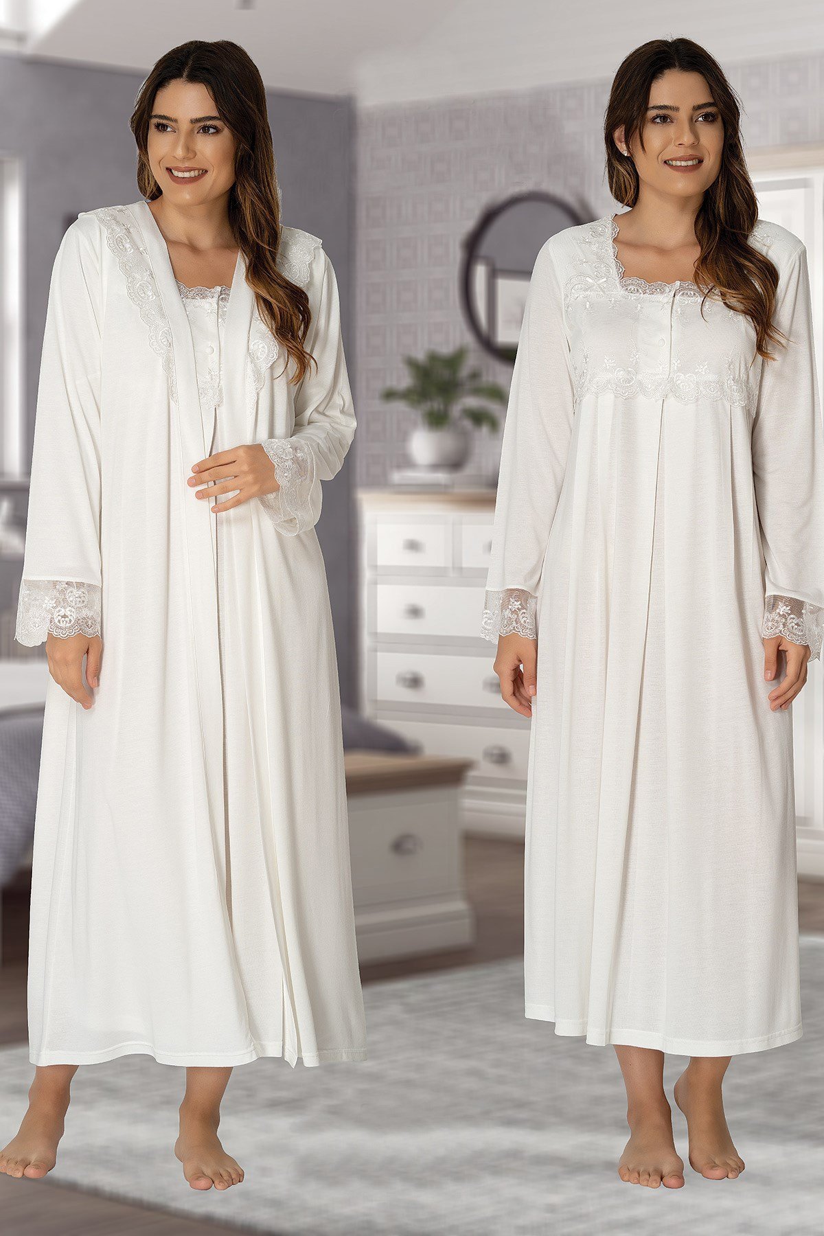 Effortt 2402 Ekru Sabahlıklı Lohusa Gecelik Takımı