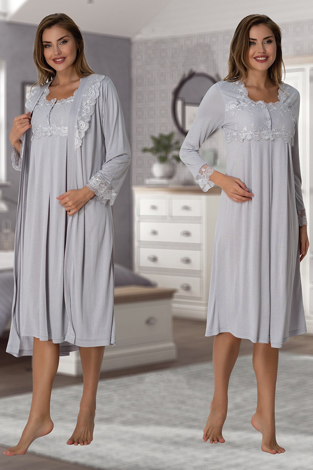 Effortt 2402 Gri Sabahlıklı Lohusa Gecelik Takımı