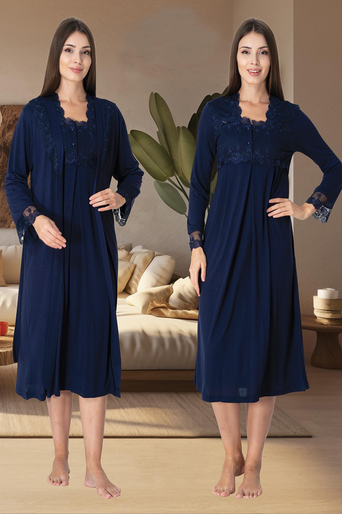 Effortt 2402 Navy Blue Maternity Nightgown with Robe Set