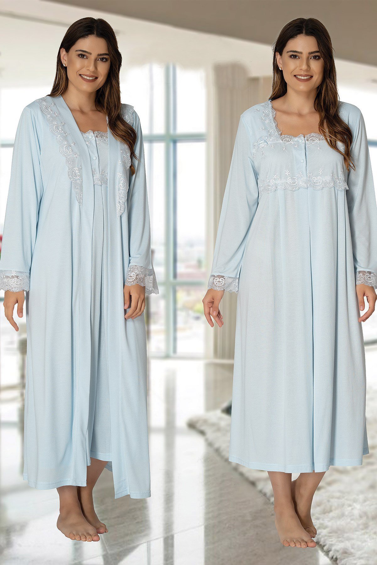 Effortt 2402 Mavi Sabahlıklı Lohusa Gecelik Takımı