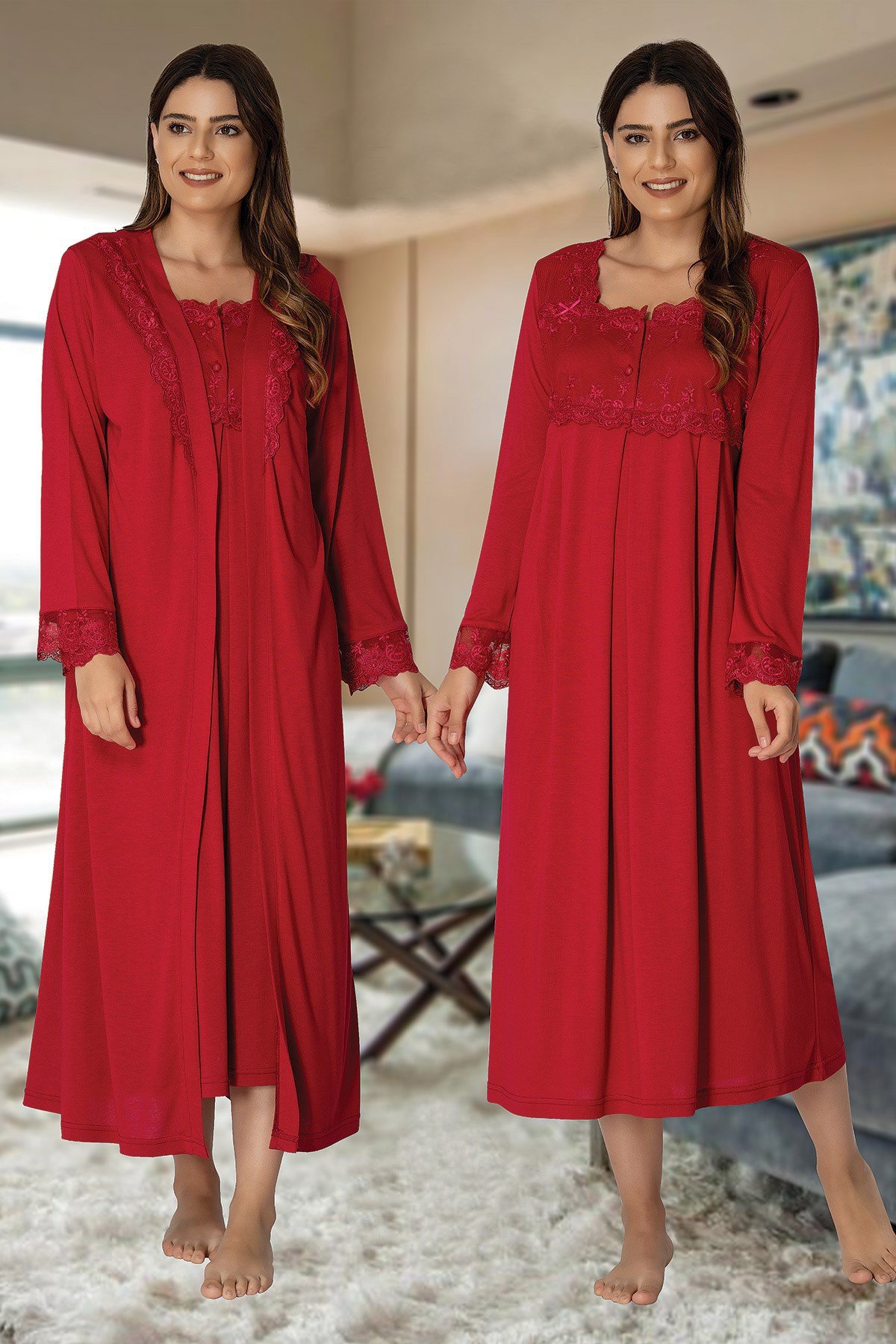 Effortt 2402 Fuşya Sabahlıklı Lohusa Gecelik Takımı