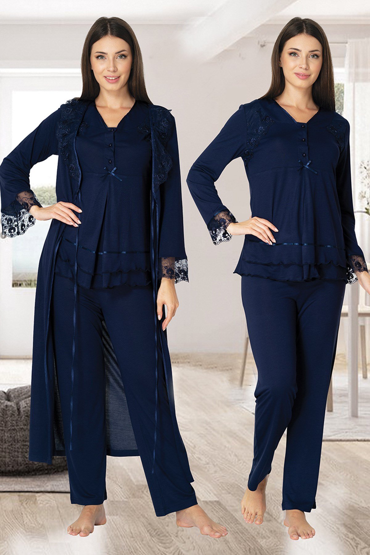 Effortt 2424 Lacivert Uzun Dantel Sabahlıklı Lohusa Pijama