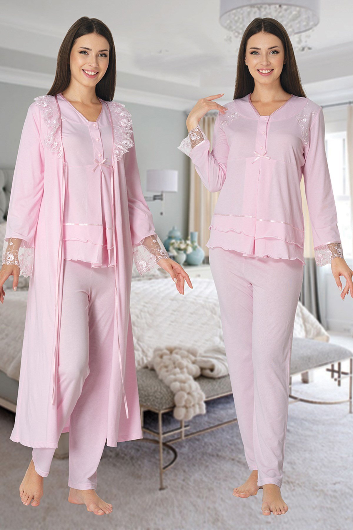 Effortt 2424 Pembe Uzun Dantel Sabahlıklı Lohusa Pijama