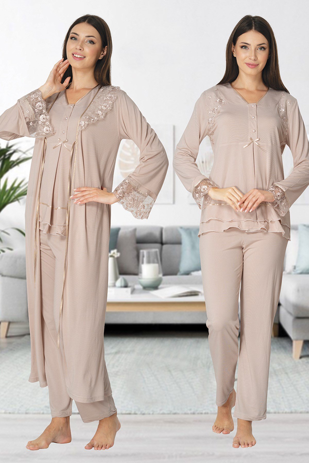 Effortt 2424 Sütlü Kahve Uzun Dantel Sabahlıklı Lohusa Pijama