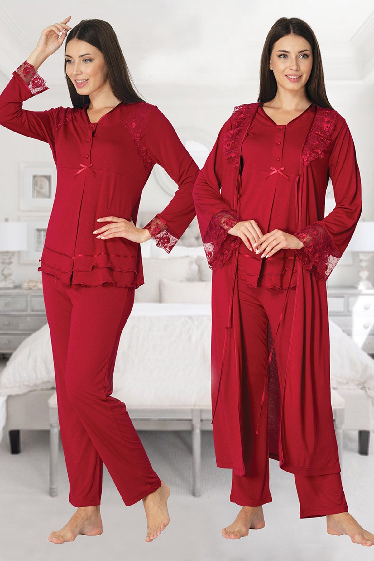 Effortt 2424 Vişne Uzun Dantel Sabahlıklı Lohusa Pijama
