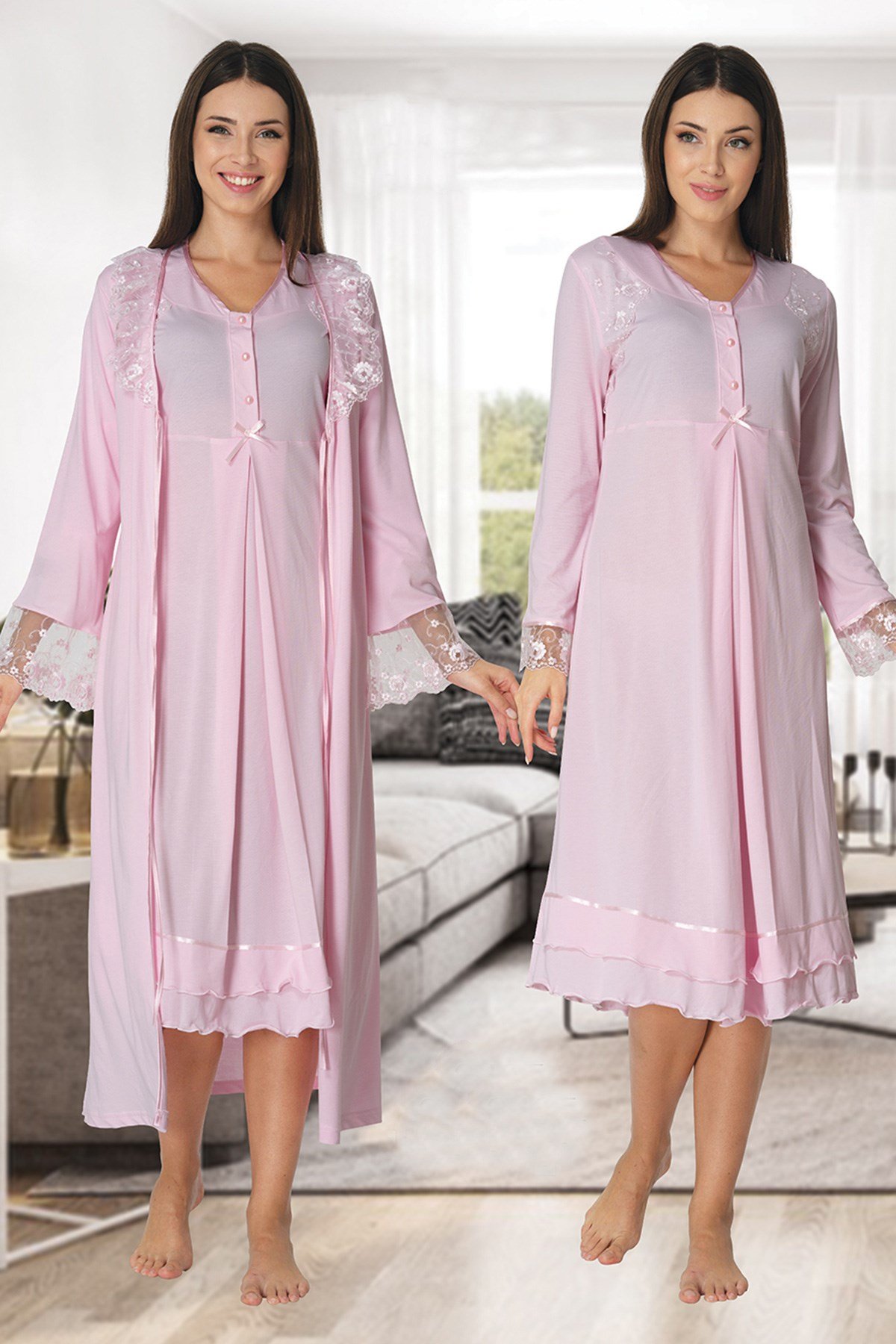 Effortt 2425 Pembe Uzun Dantel Sabahlıklı Lohusa Gecelik