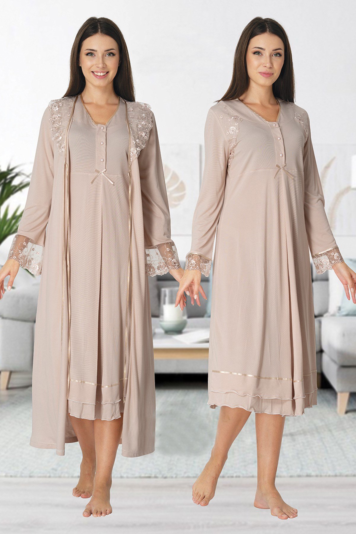 Effortt 2425 Sütlü Kahve Uzun Dantel Sabahlıklı Lohusa Gecelik