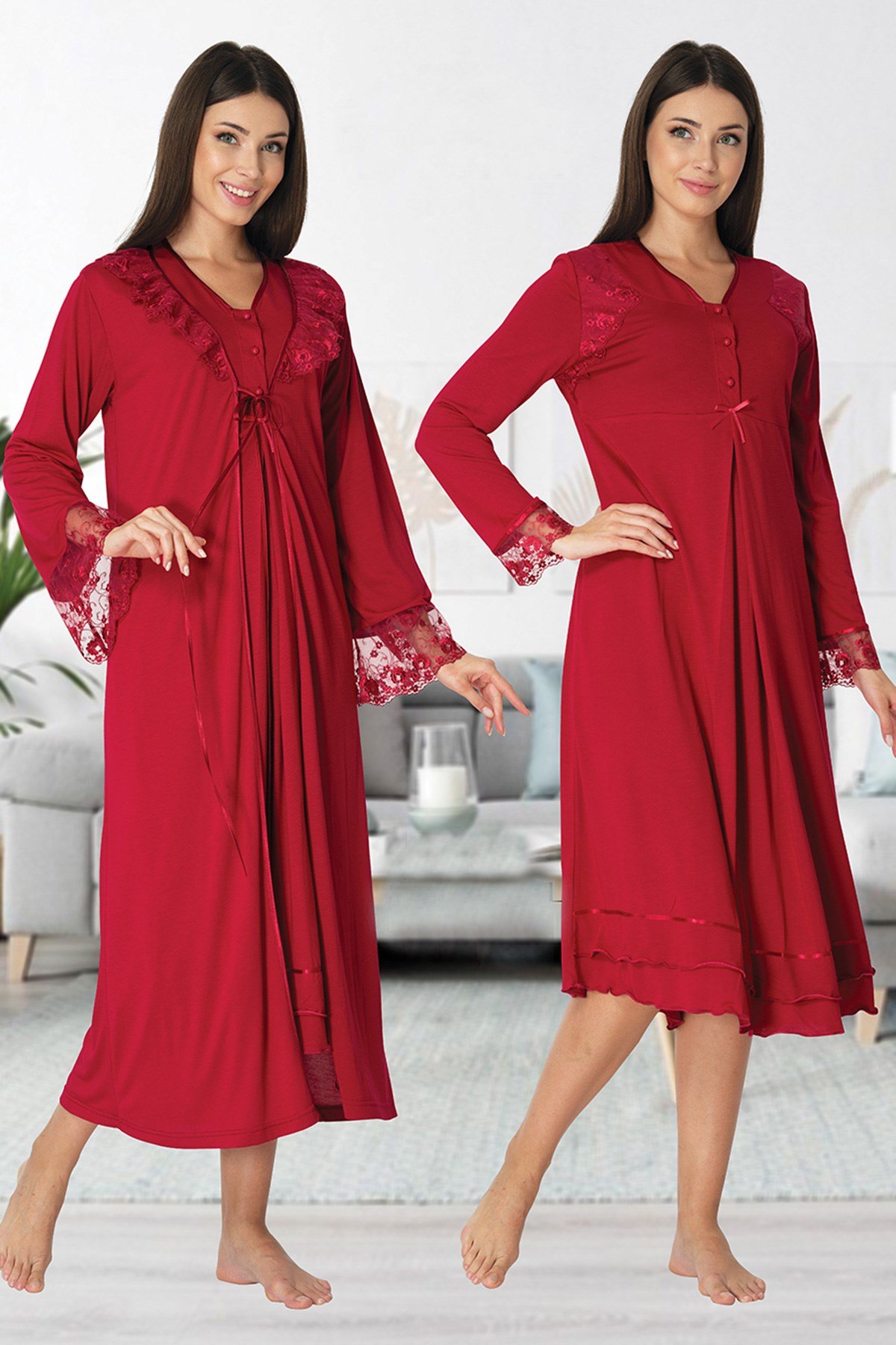 Effortt 2425 Vişne Uzun Dantel Sabahlıklı Lohusa Gecelik