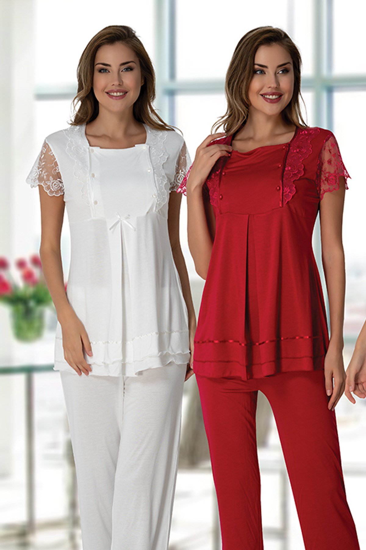 Effortt 2451 Ekru Dantel Detaylı Lohusa Pijama Takımı