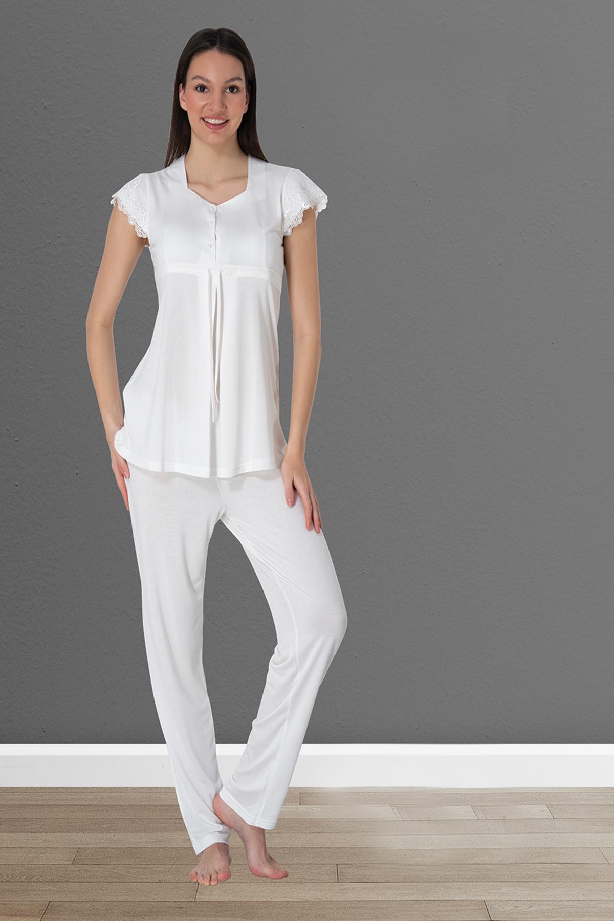 Effortt 2522 Ekru Kısakol Dantelli Lohusa Pijama Takımı