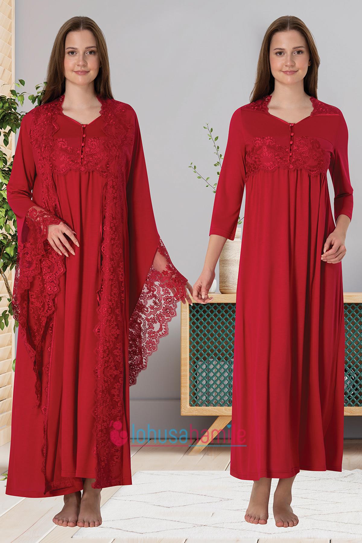 Effortt 3010 Vişne Özel Tasarım Sabahlıklı Lohusa Gecelik Takımı