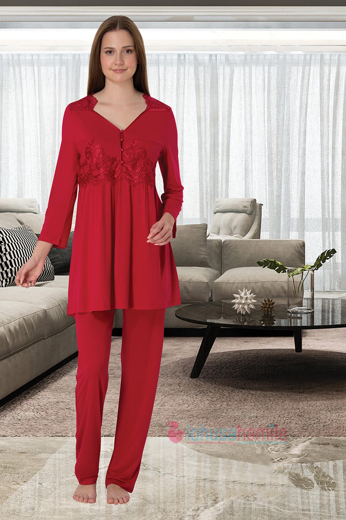 Effortt 3011 Vişne Dantel Detaylı Lohusa Pijama Takımı