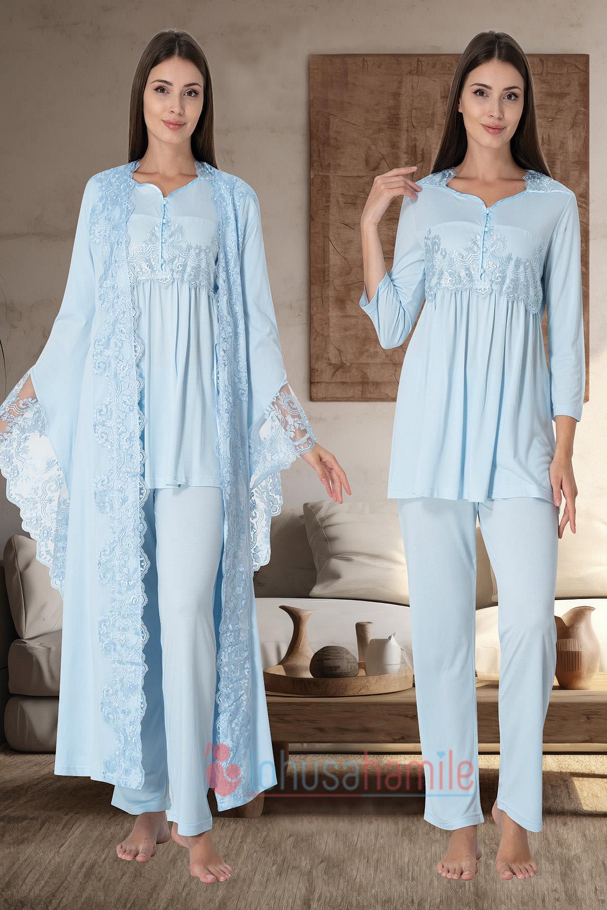 Effortt 3015 Mavi Prenses Sabahlıklı Lohusa Pijama Takımı