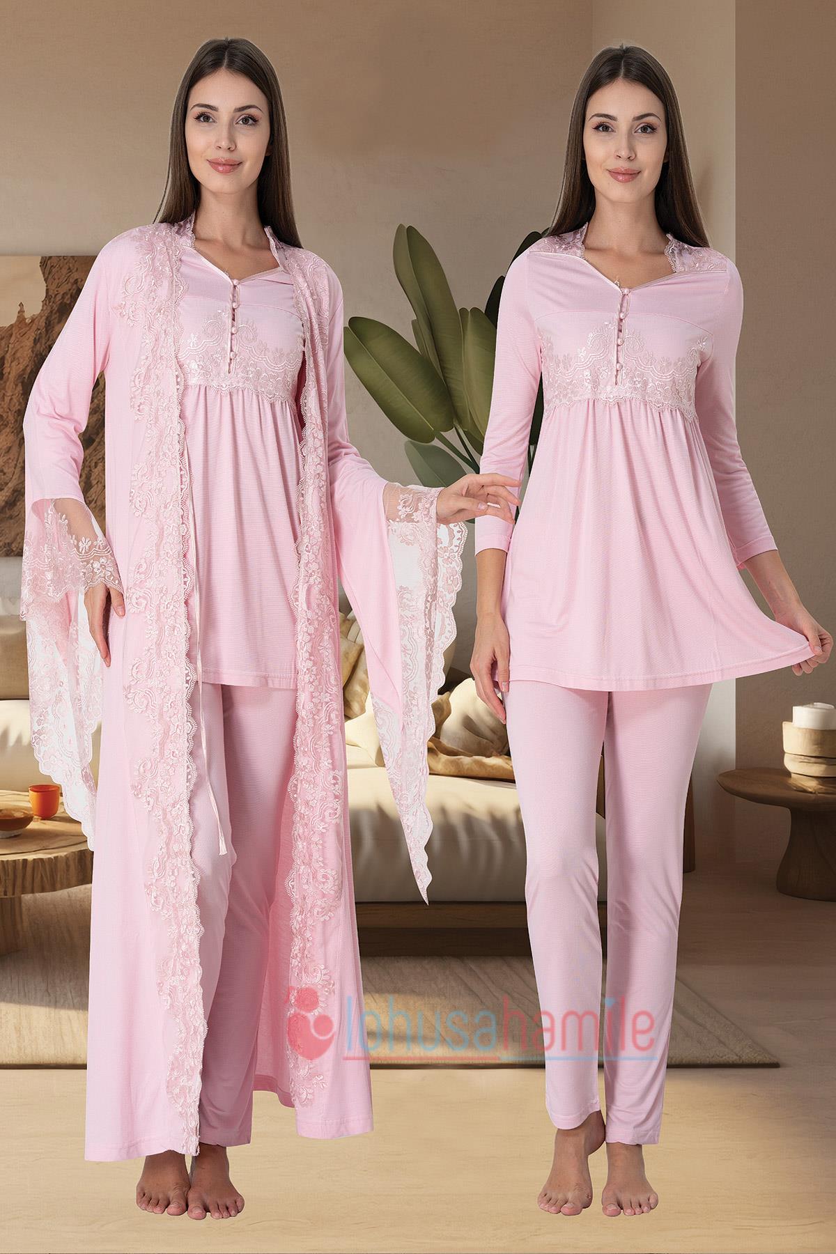 Effortt 3015 Powder Color Princess Model Maternity Pajama and Robe Set