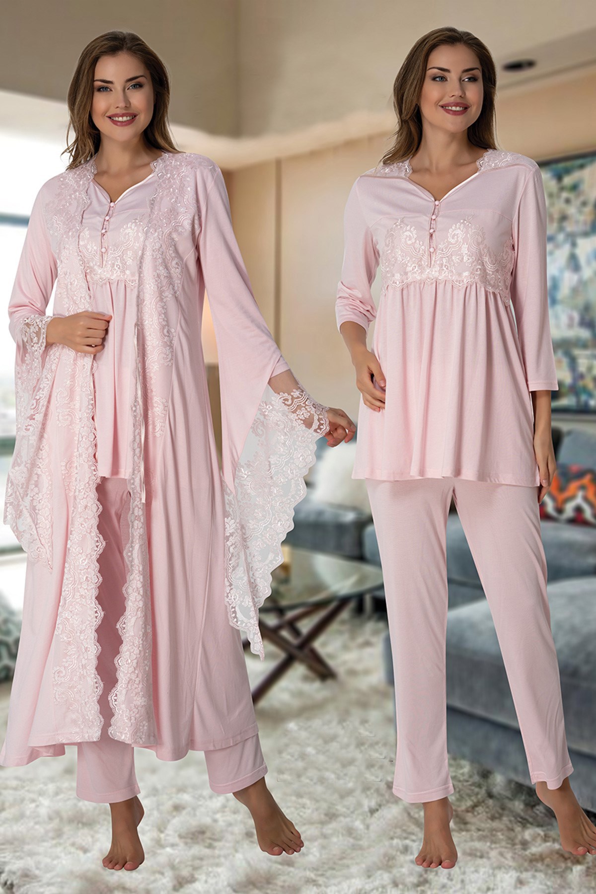 Effortt 3015 Pudra Prenses Sabahlıklı Lohusa Pijama Takımı