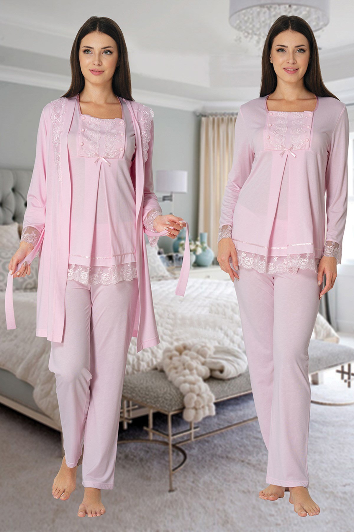 Effortt 3044 Pembe Dantel Sabahlıklı Lohusa Pijama