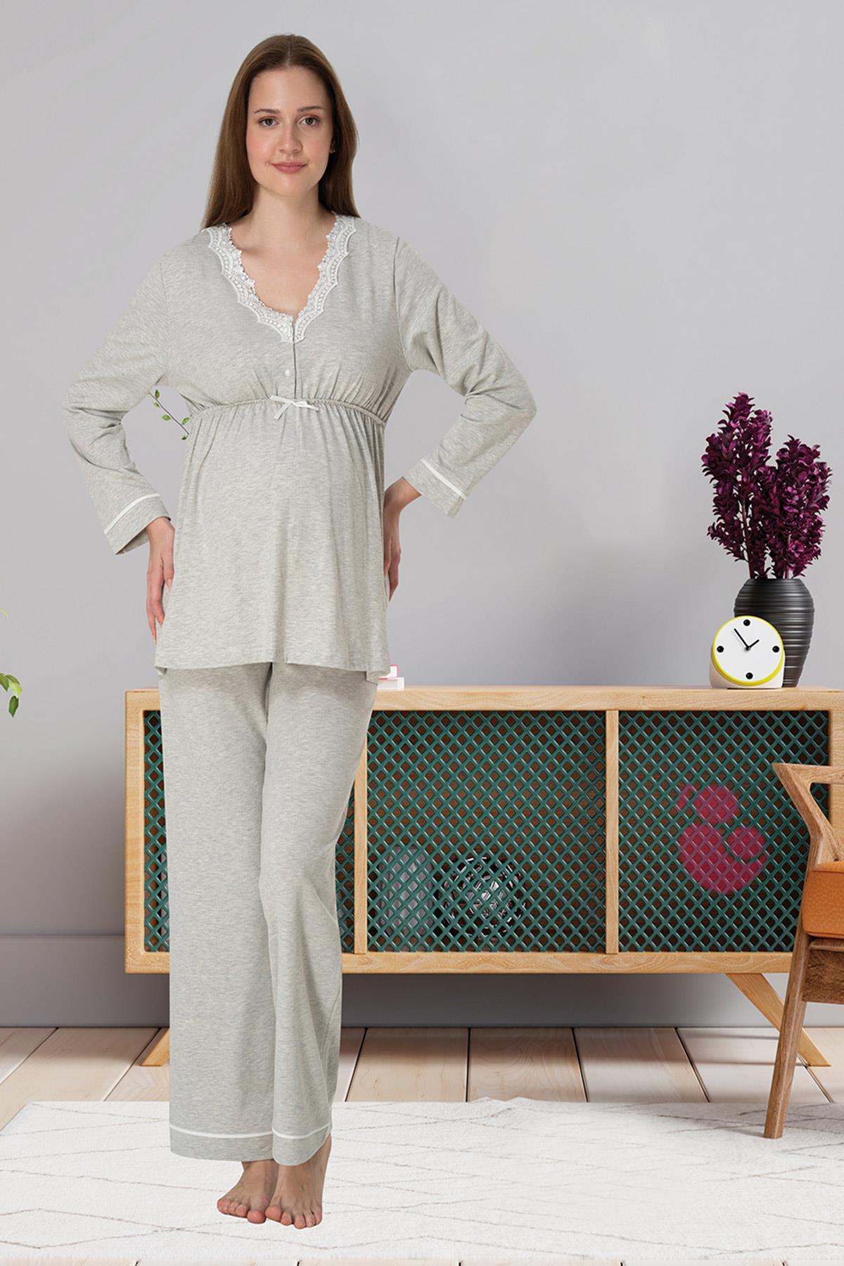 Effortt 3052 Gri Melanj Dantel Detaylı Lohusa Pijama Takımı