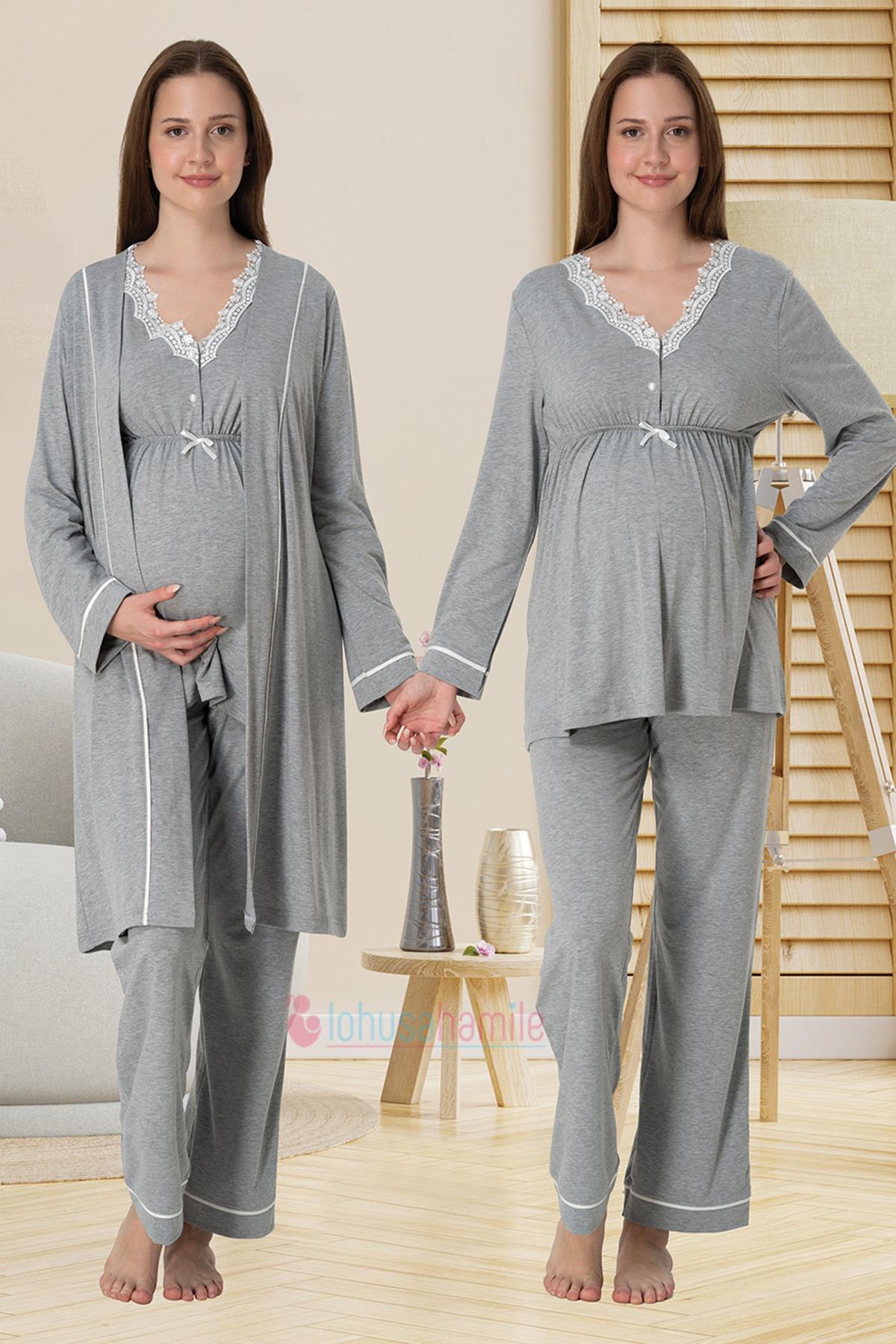 Effortt 3064 Gray Lace Detailed Maternity Nursing Pajamas with Robe