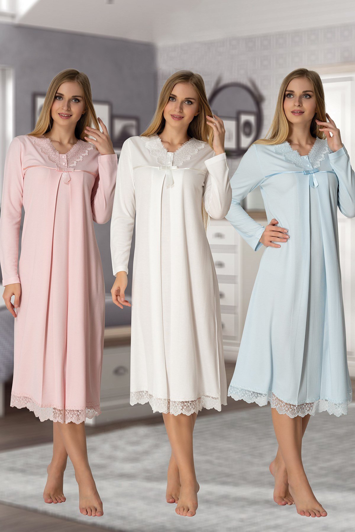 Effortt 4033 Eteği Dantelli Lohusa Gecelik Takımı