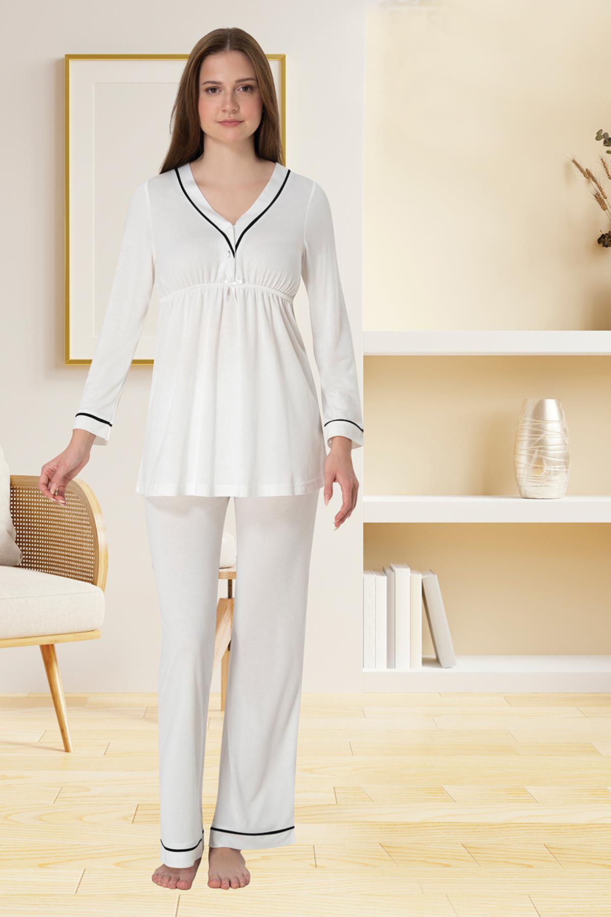 Effortt 4052 Ekru Biye Detaylı Lohusa Pijama Takımı