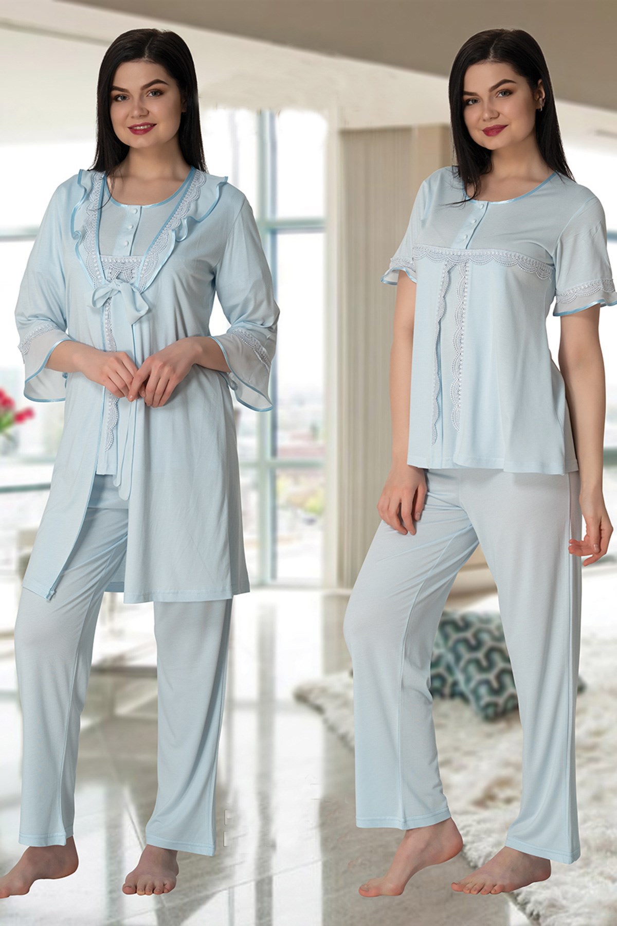 Effortt 5074 Kolları Volanlı Sabahlıklı Lohusa Pijama Takımı