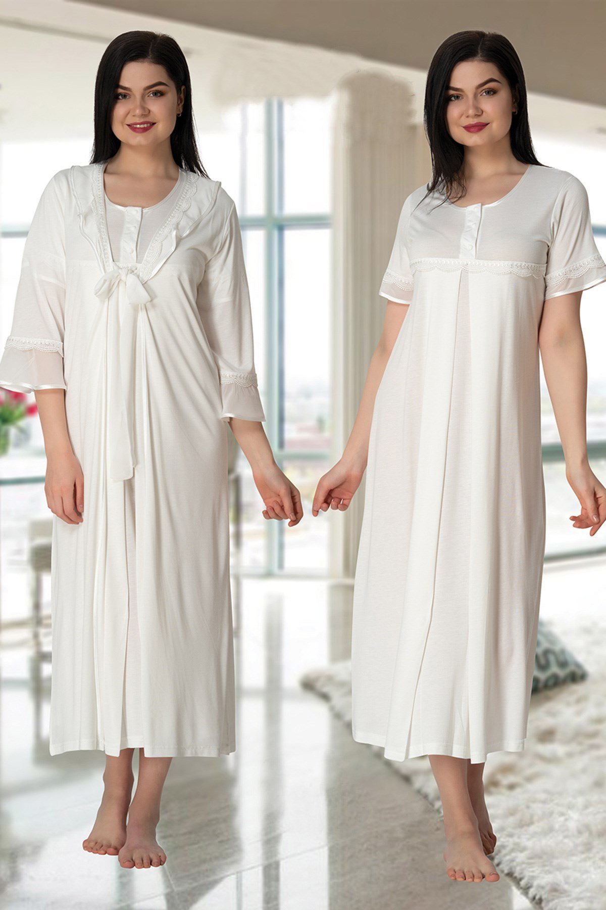 Effortt 4075 Kolları Volanlı Sabahlıklı Lohusa Gecelik Takımı