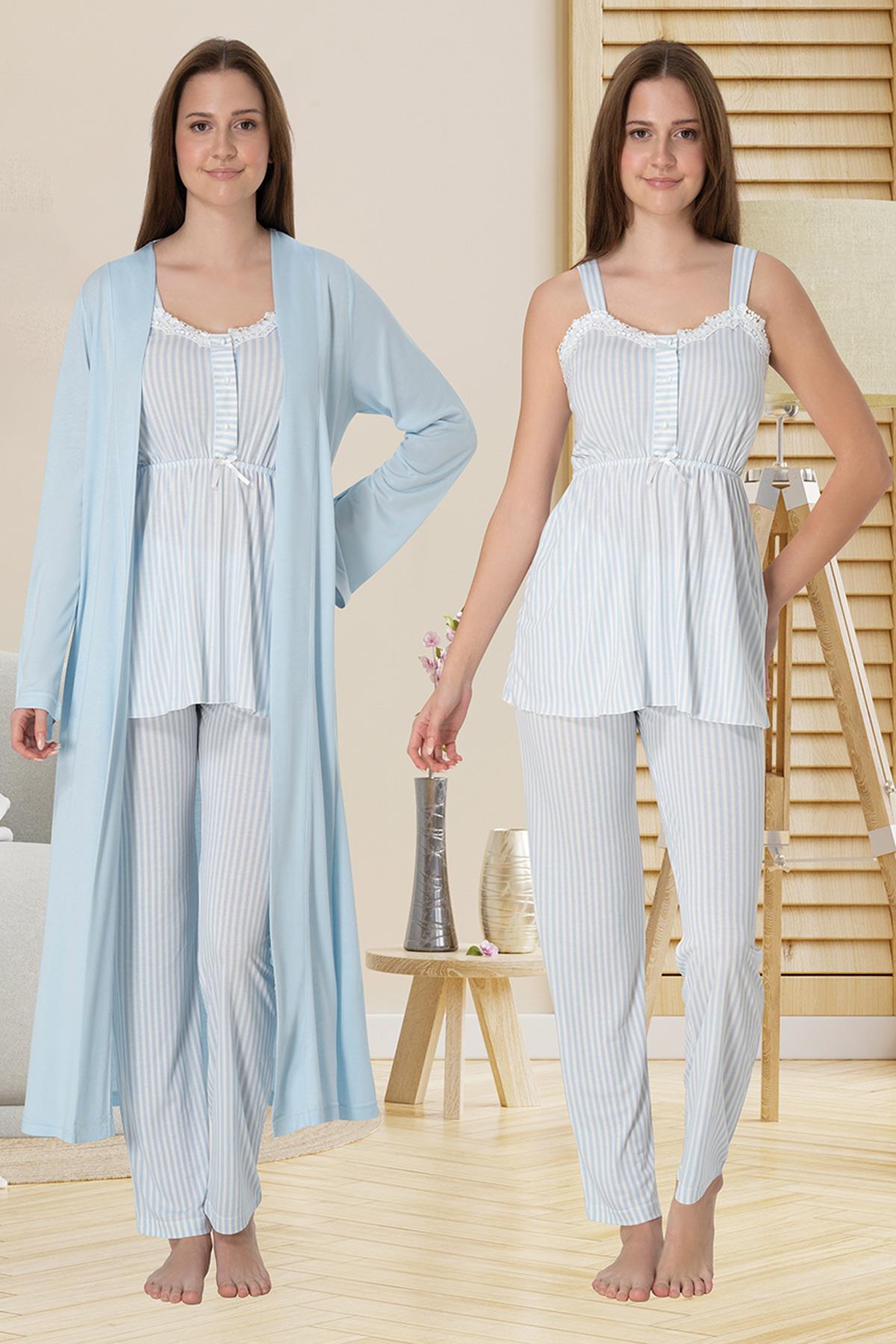 Effortt 4094 Mavi Askılı Lohusa Pijama ve Sabahlık Takımı
