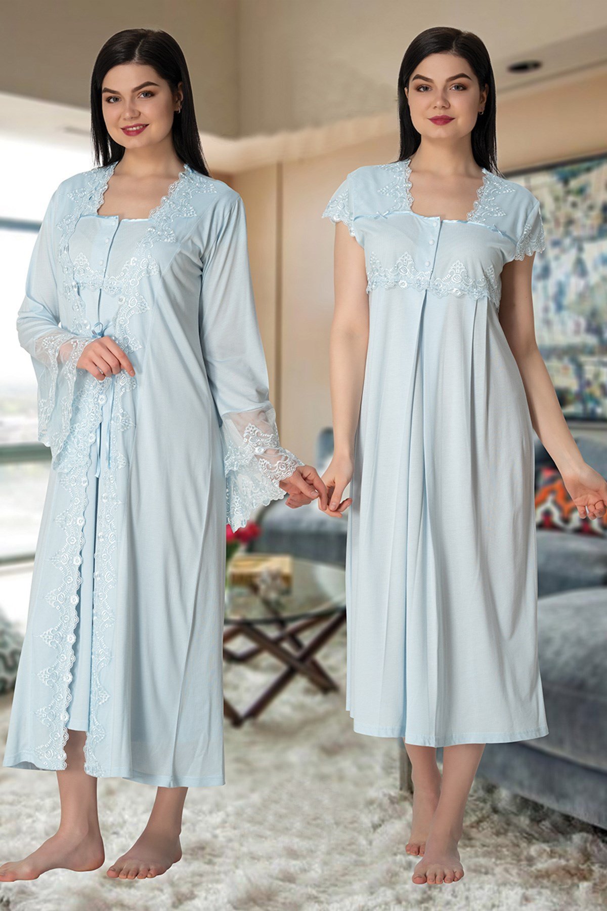 Effortt 5010 Mavi Uzun Prenses Sabahlıklı Dantelli Sabahlıklı Lohusa Gecelik Takımı