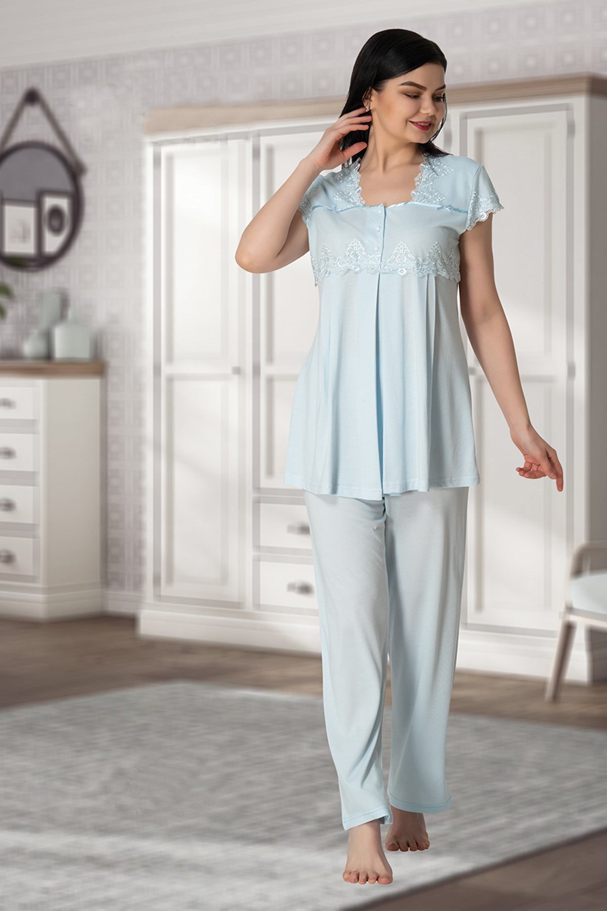 Effortt 5012 Kolları ve Yakası Dantelli Lohusa Pijama Takımı