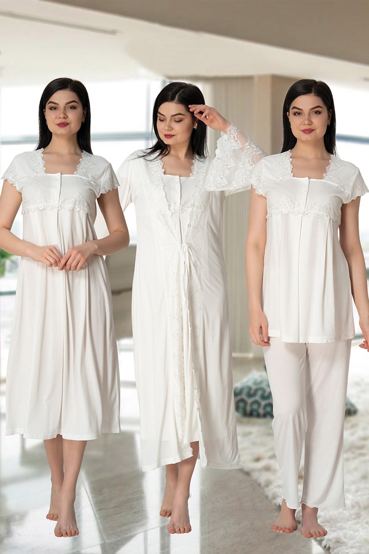 Effortt 5015 Ekru Yakası ve Kolları Dantelli Lohusa Hamile 4'lü Set