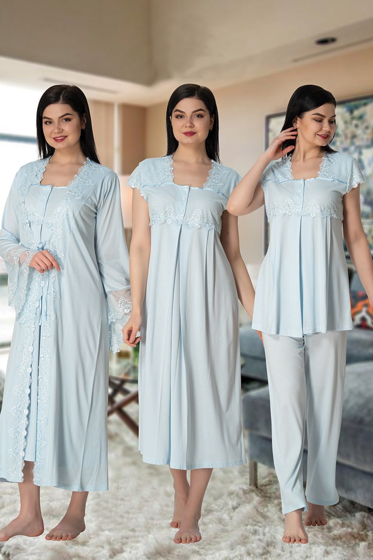 Effortt 5015 Yakası ve Kolları Dantelli Lohusa Hamile 4'lü Set