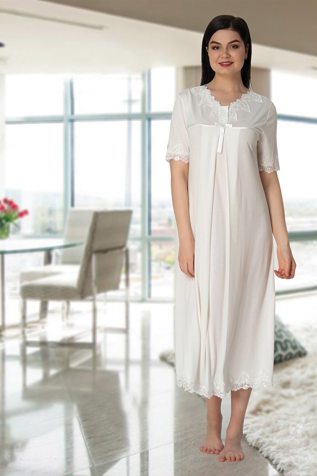 Effortt 5033 Ekru Dantelli Lohusa Gecelik Takımı