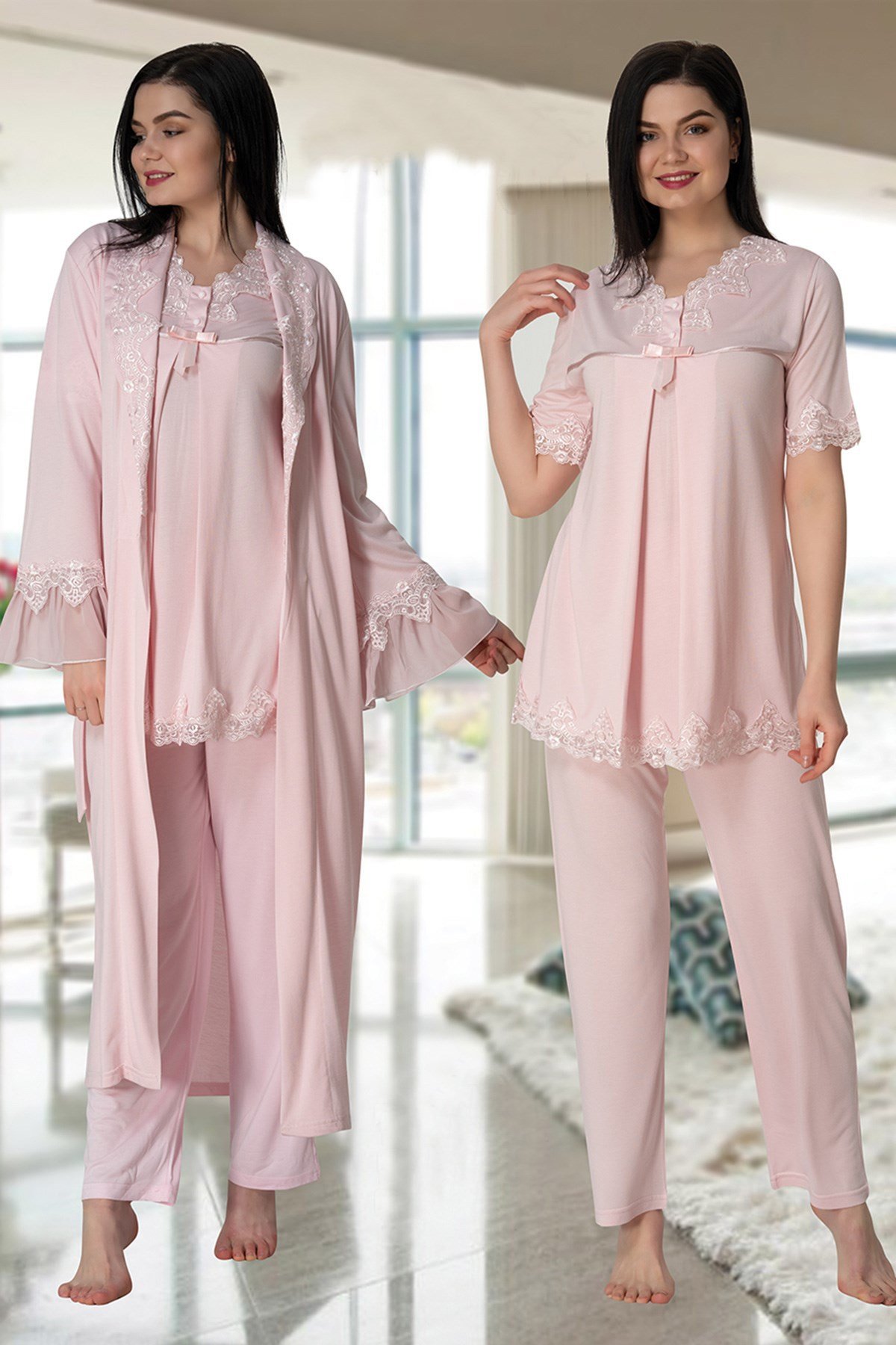 Effortt 5034 Pudra Pembe Uzun Sabahlıklı Lohusa Pijama Takımı