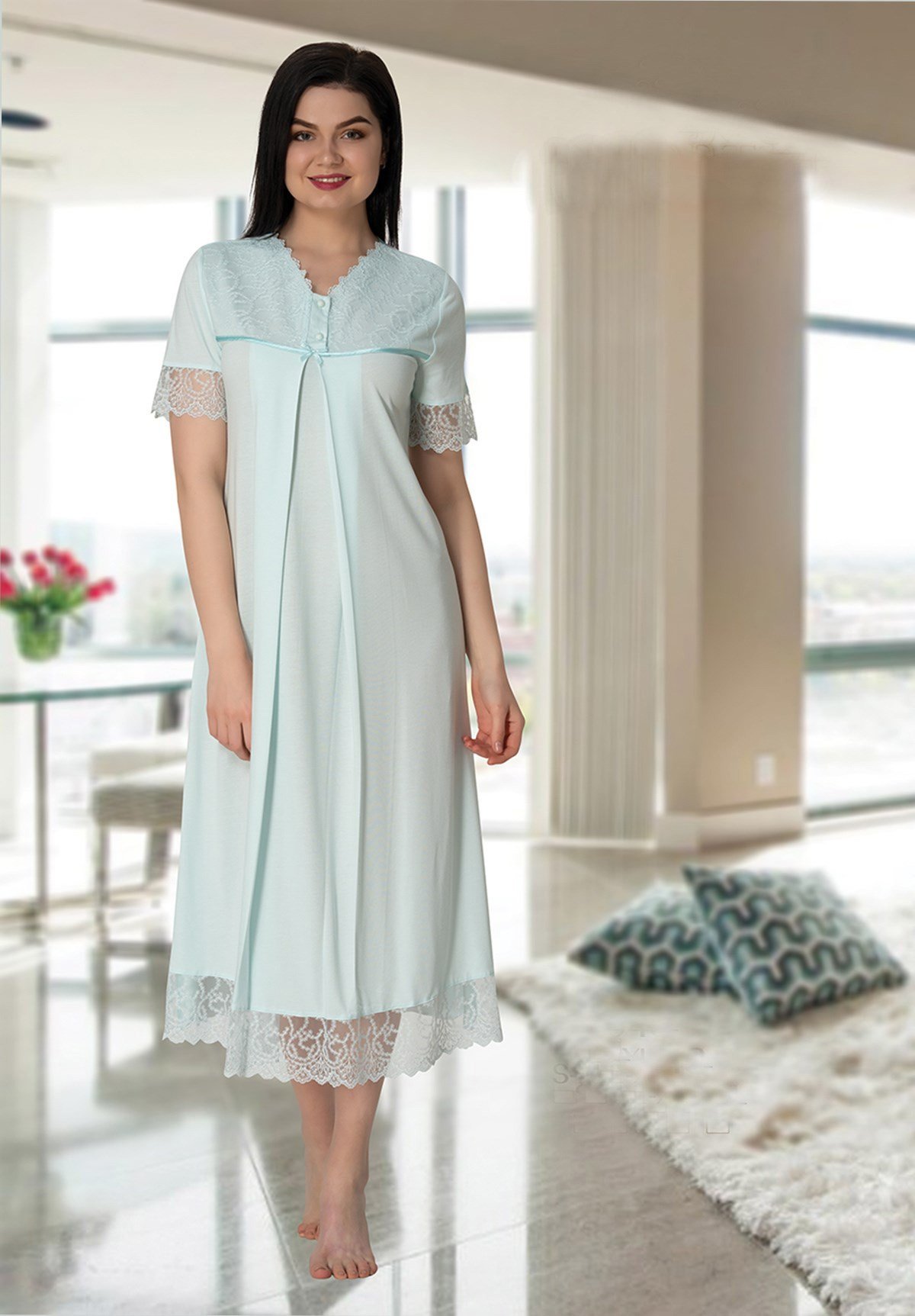 Effortt 5043 Turkuaz Dantel Yaka Lohusa Gecelik Takımı