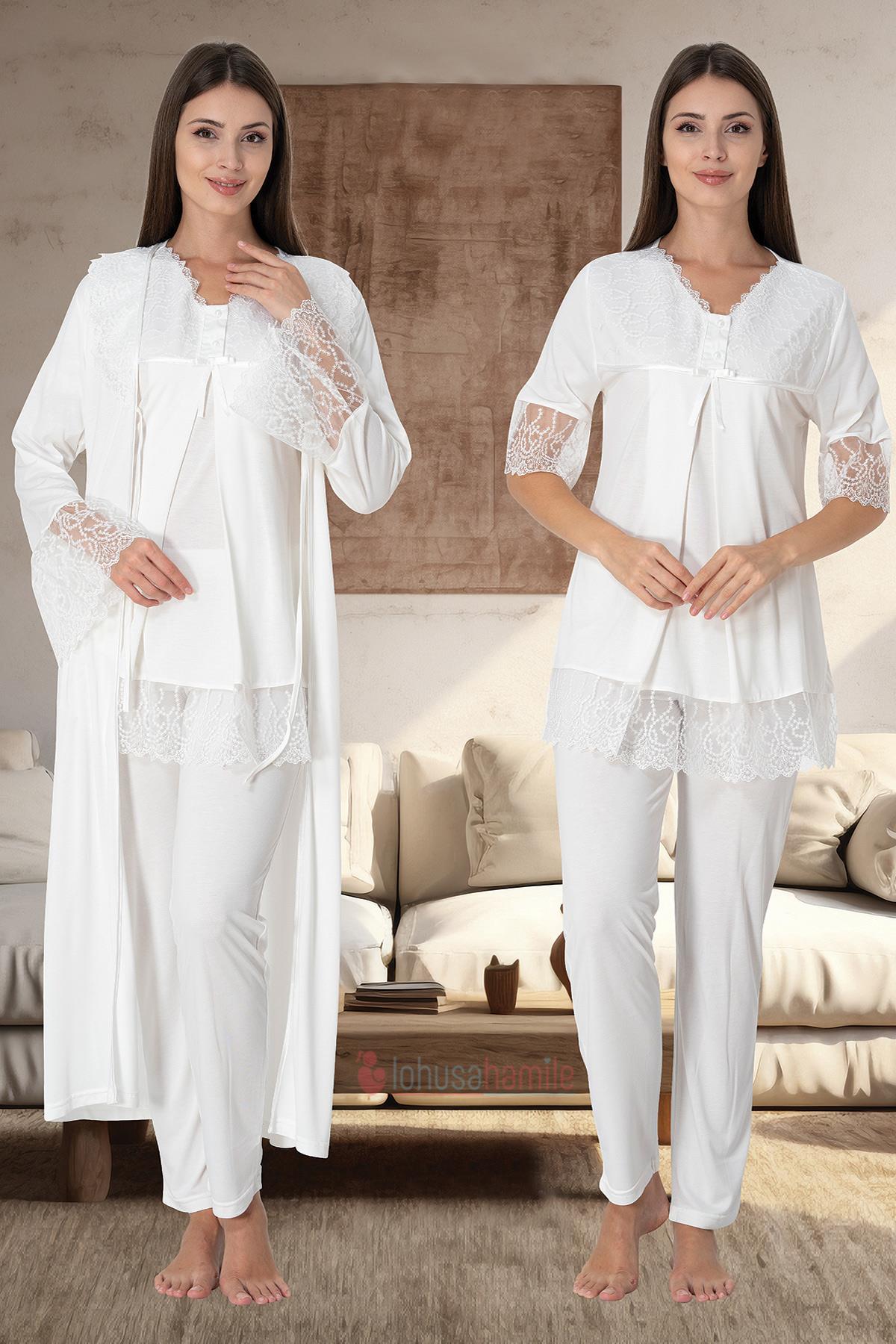 Effortt 5044 Ekru Kolları Güpürlü Sabahlıklı Lohusa Pijama Takımı