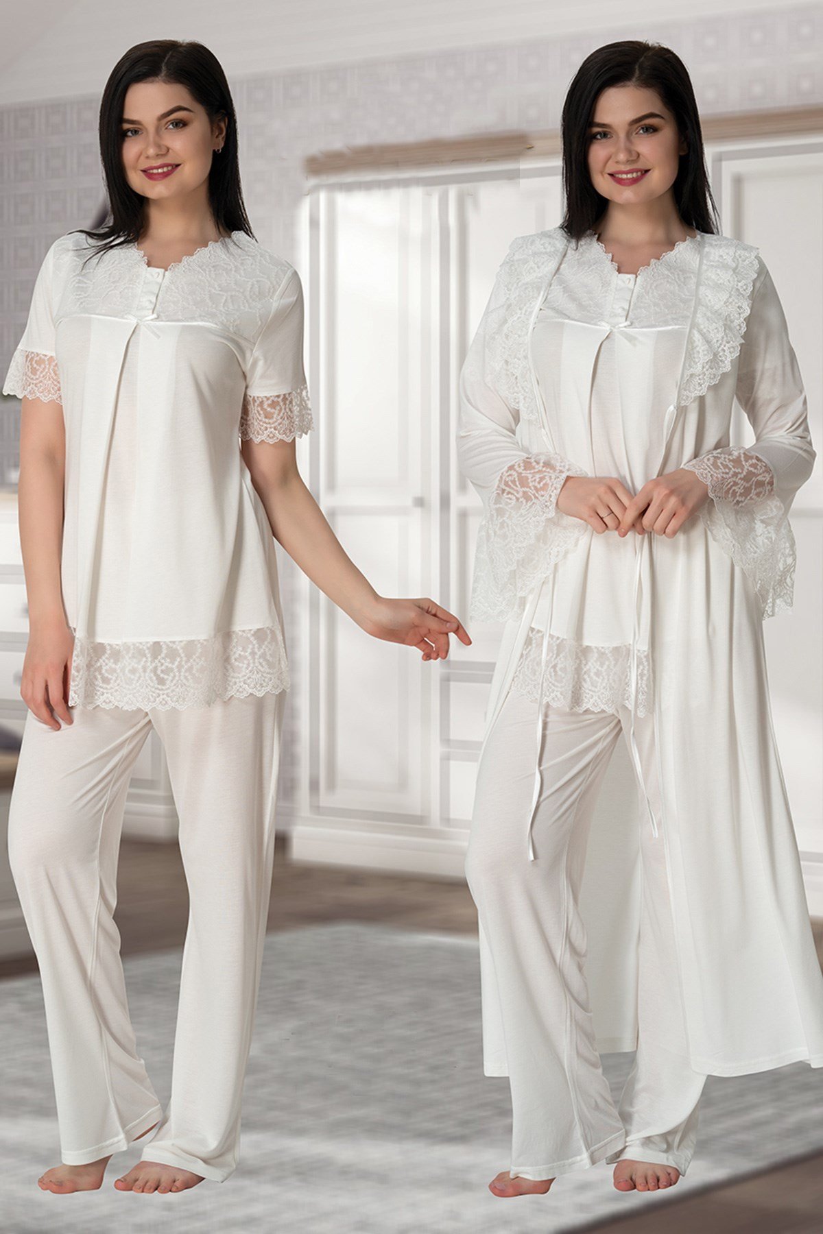 Effortt 5044 Ekru Kolları Güpürlü Sabahlıklı Lohusa Pijama Takımı