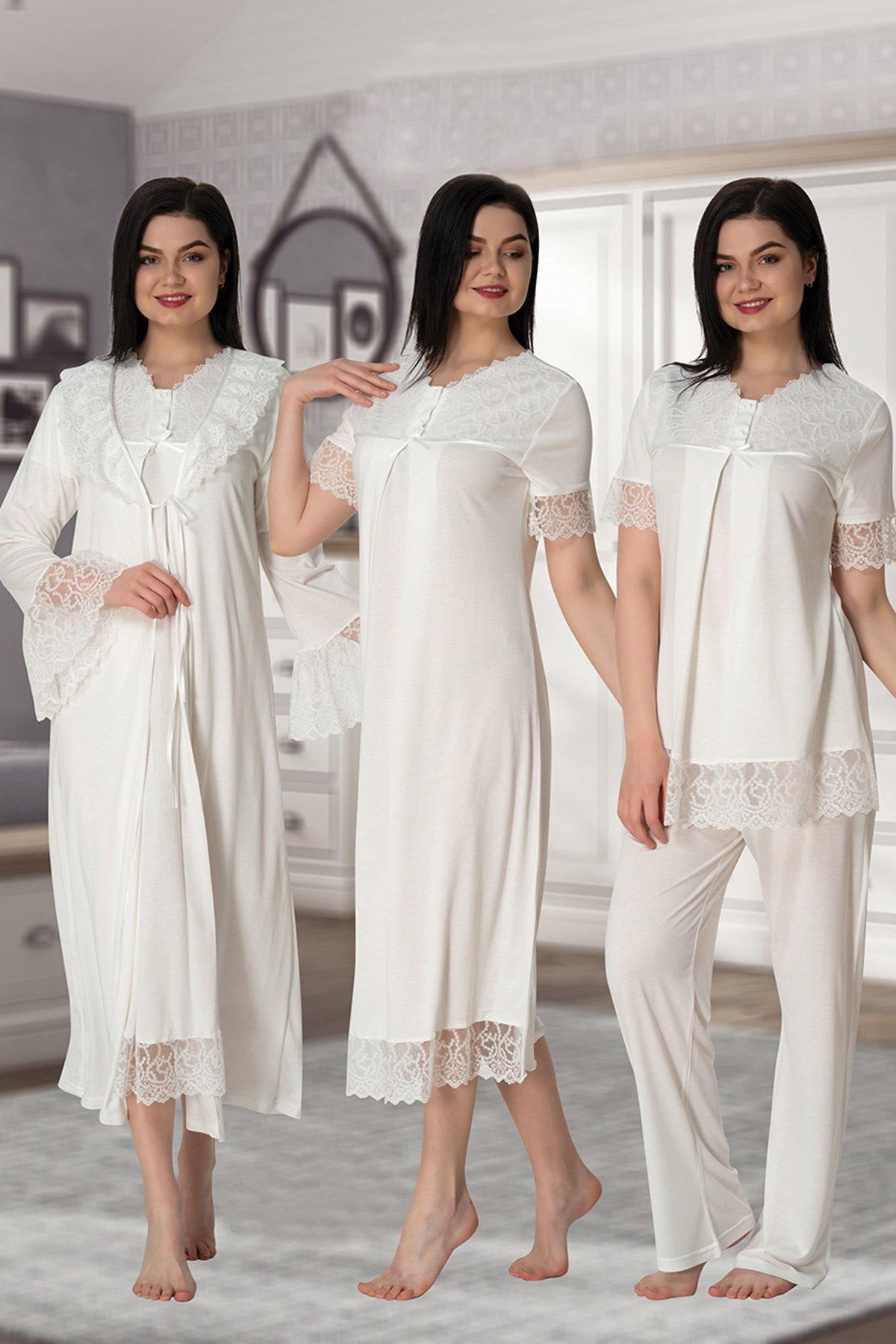 Effortt 5046 Ekru Güpür Sabahlıklı Lohusa Hamile 4'lü Set