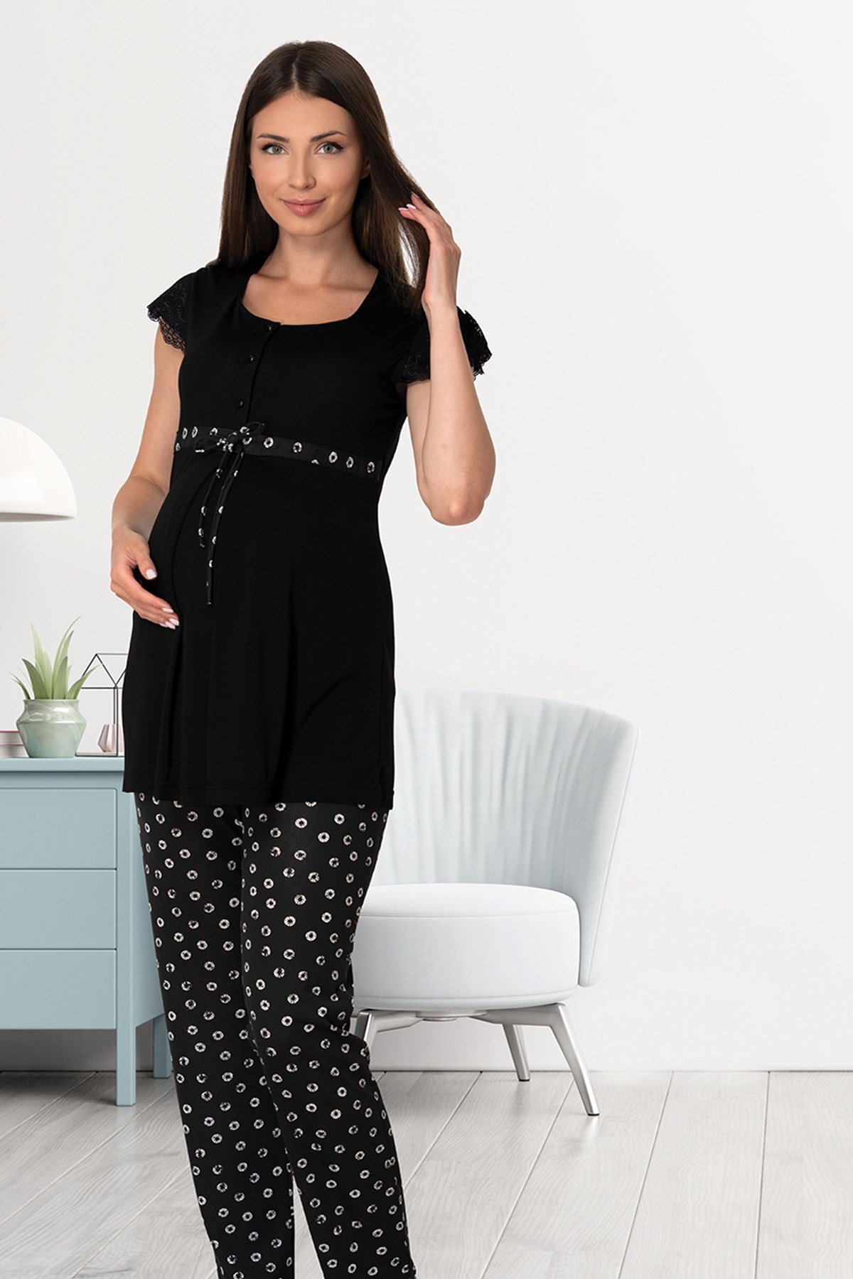 Effortt 6012 Siyah Dantel Detaylı Lohusa Pijama Takımı