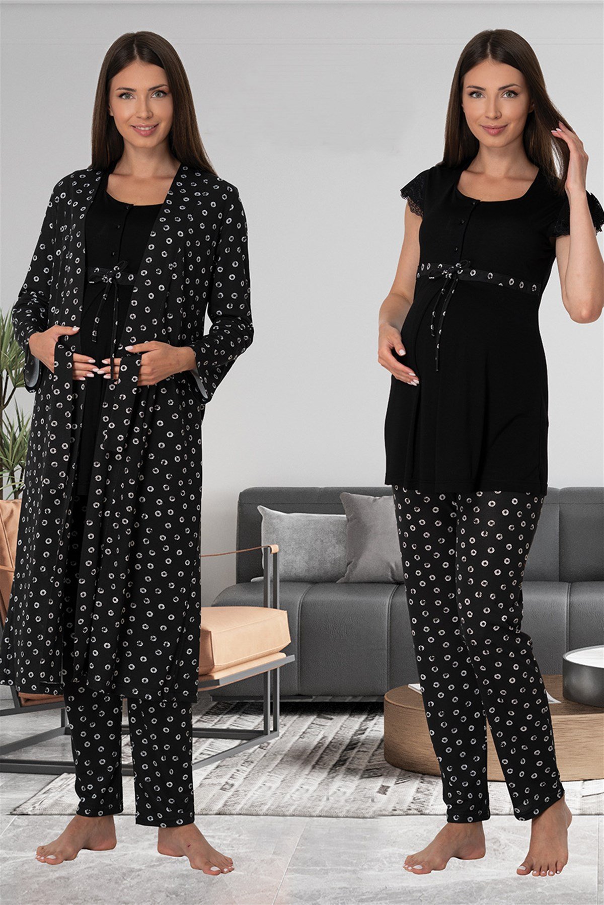 Effortt 6014 Siyah Sabahlıklı Lohusa Pijama Takımı