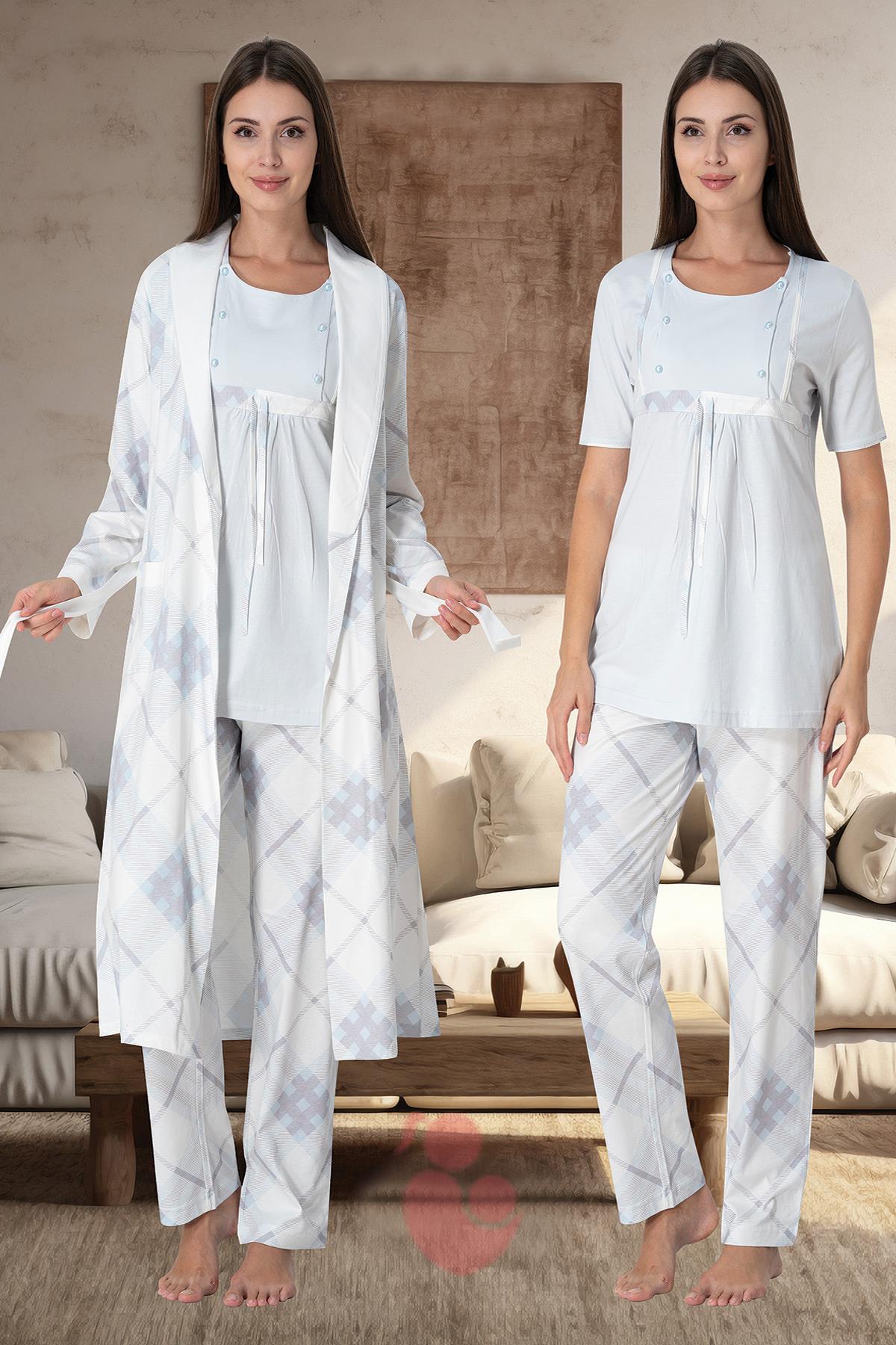 Effortt 6024 Mavi Emzirme Özellikli Sabahlıklı Lohusa Pijama Takımı