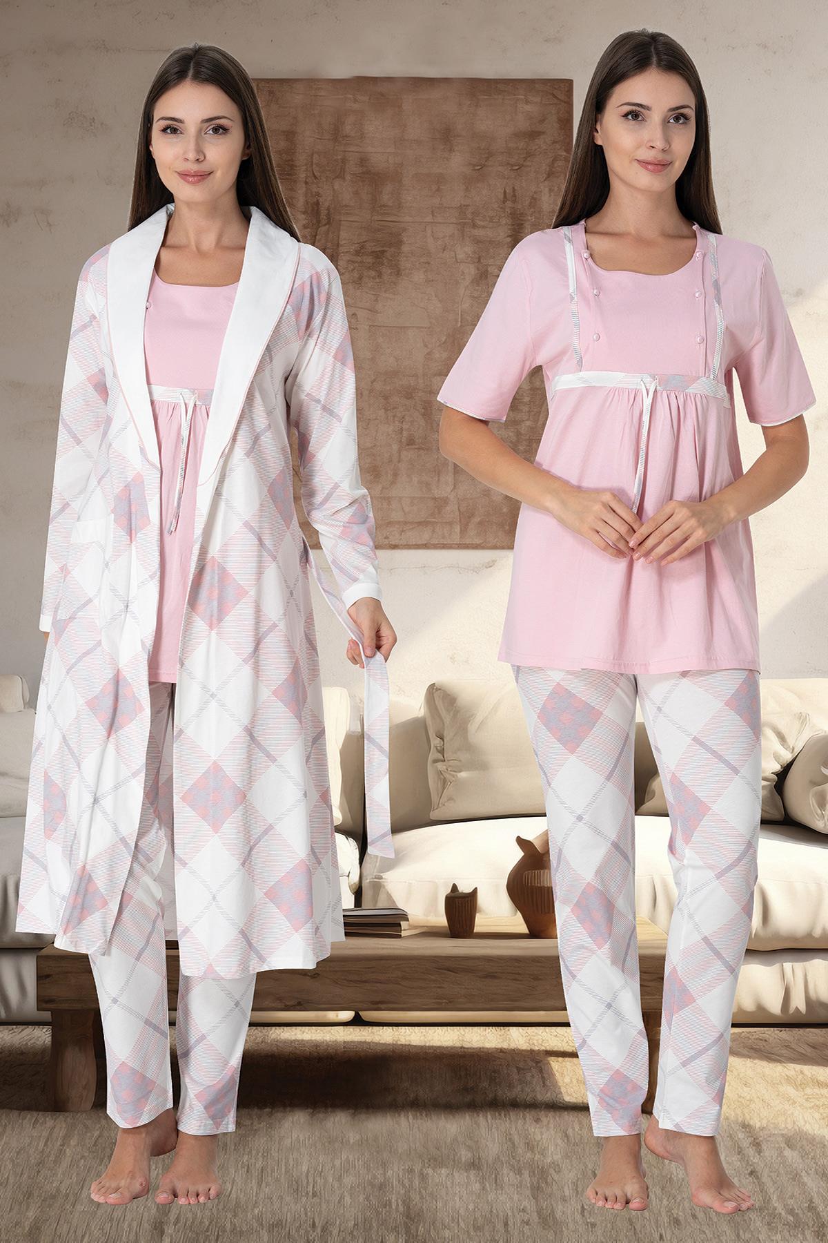 Effortt 6024 Pudra Emzirme Özellikli Sabahlıklı Lohusa Pijama Takımı