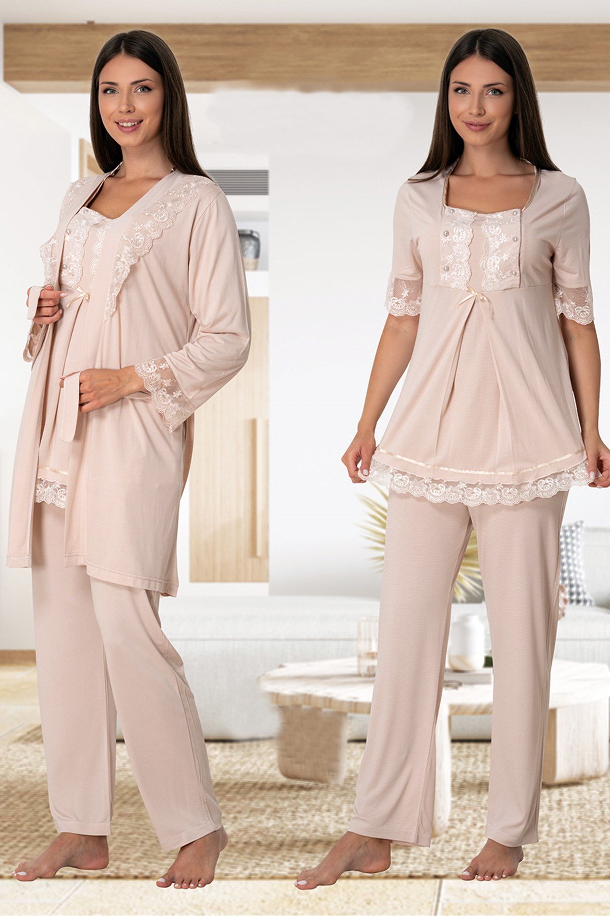 Effortt 6034 Sütlü Kahve Emzirme Özellikli Sabahlıklı Lohusa Pijama Takımı