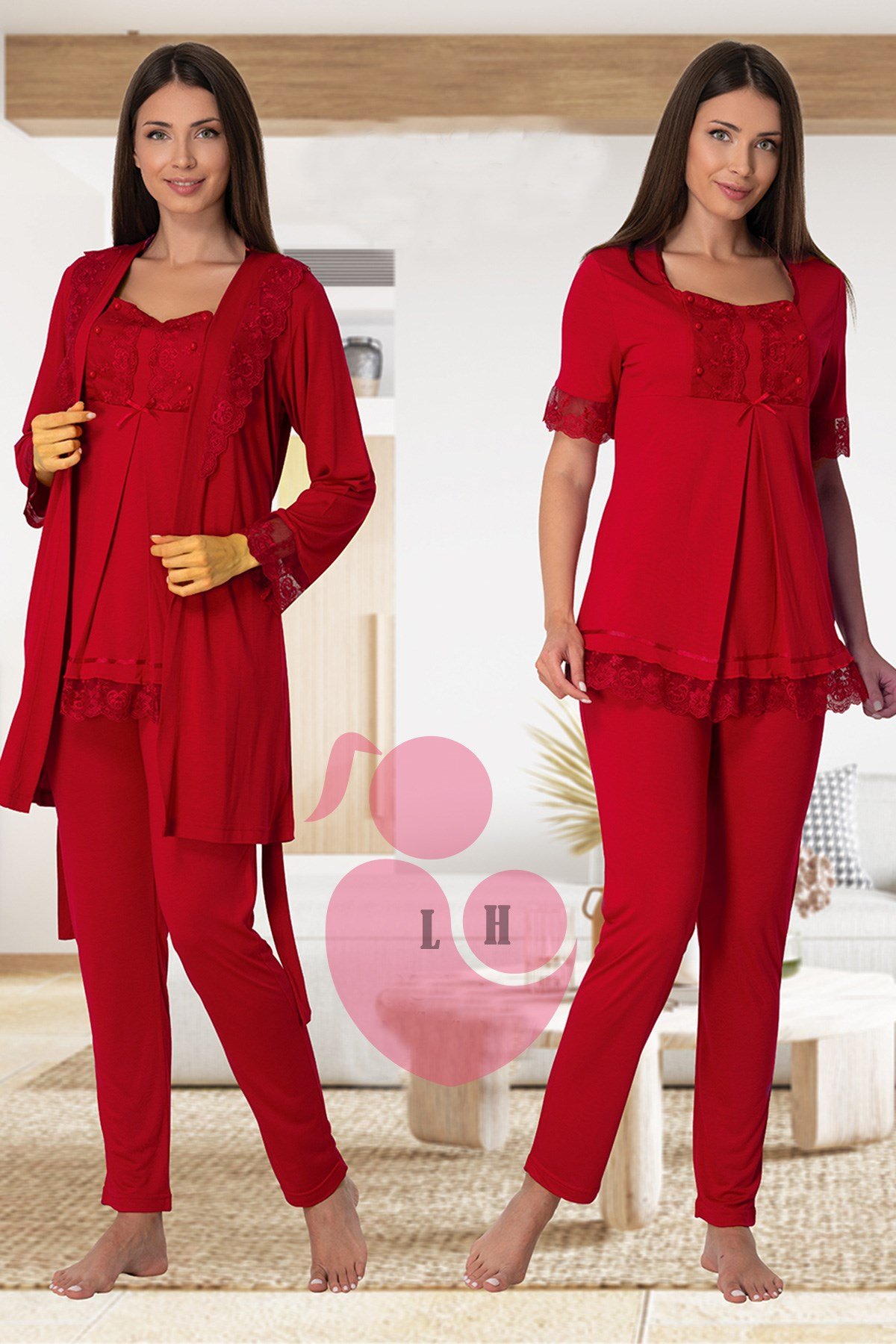 Effortt 6034 Vişne Emzirme Özellikli Sabahlıklı Lohusa Pijama Takımı