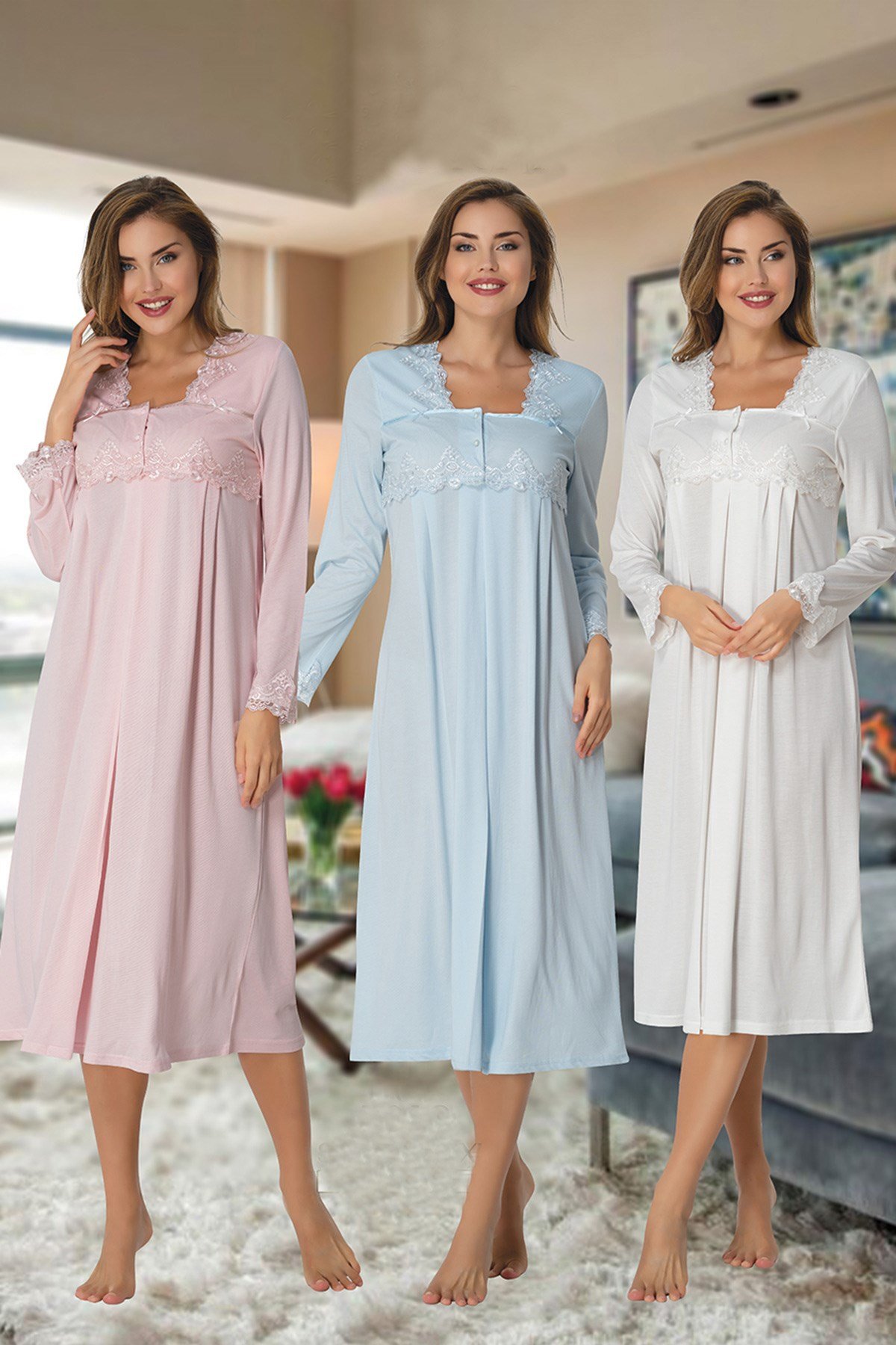 Effortt 7013 Dantel Detaylı Lohusa Gecelik Takımı