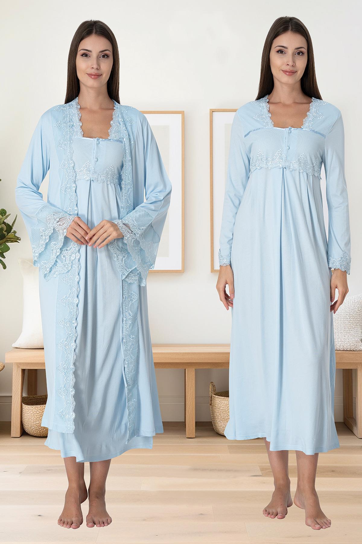 Effortt 7015 Baby Blue Princess Model Maternity Nightgown with Robe Set