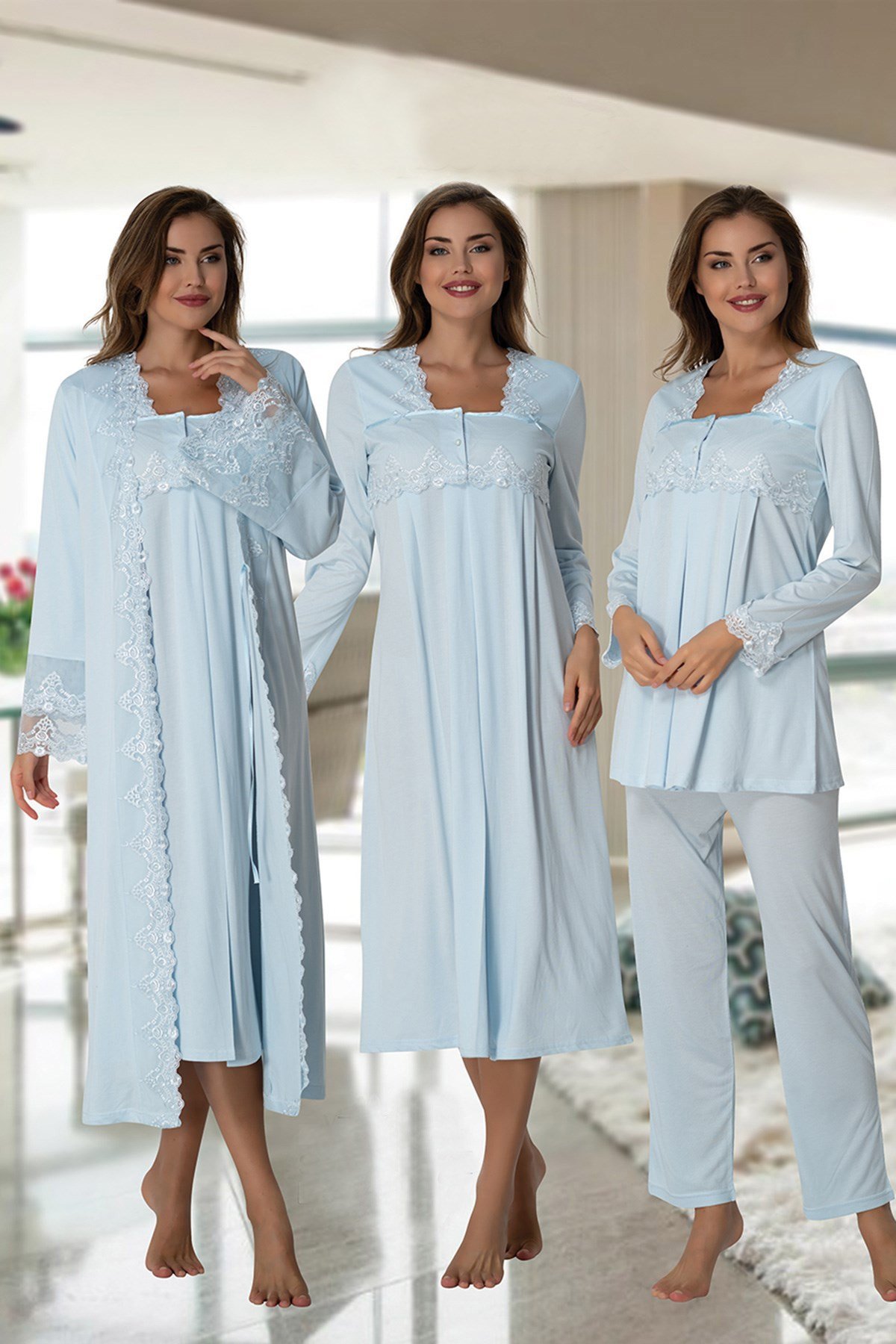 Effortt 7016 Mavi Özel Tasarım Lohusa Hamile 4'lü Set