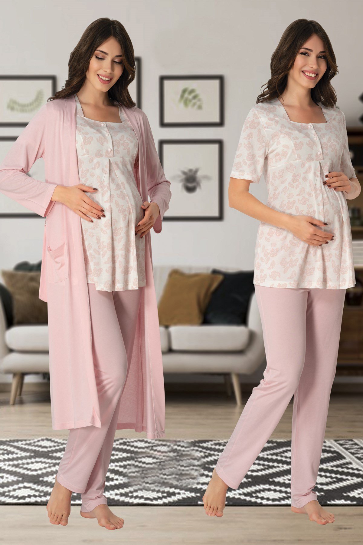 Effortt 8014 Pembe Sabahlıklı Lohusa Pijama Takımı