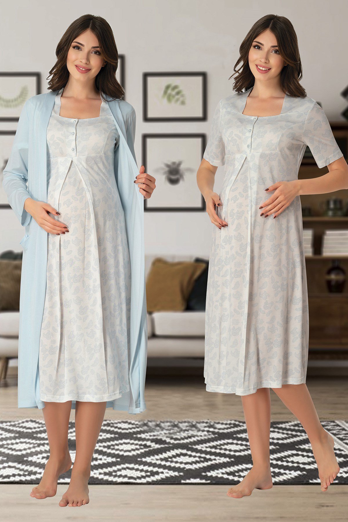 Effortt 8015 Mavi Sabahlıklı Lohusa Gecelik