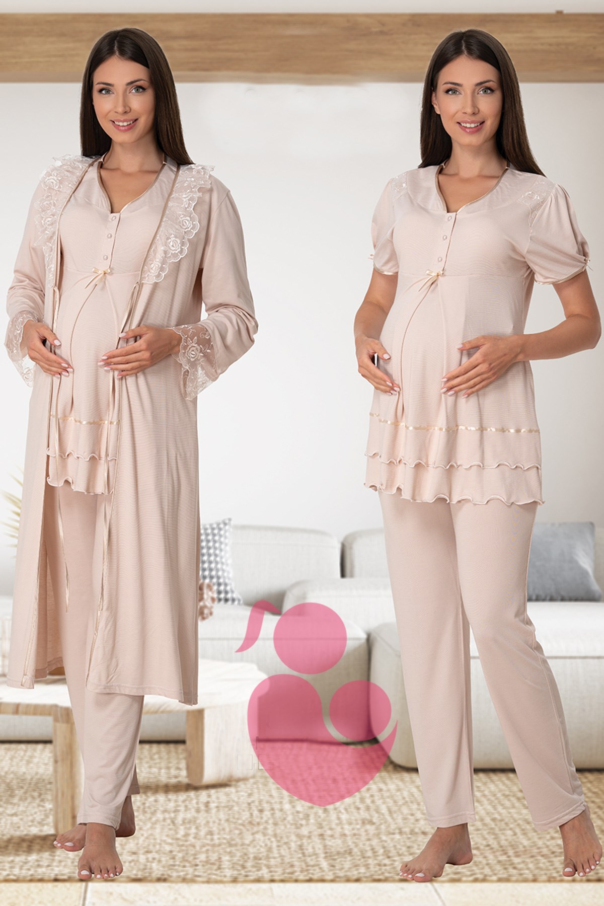 Effortt 8024 Sütlü Kahve Dantel Sabahlıklı Lohusa Pijama